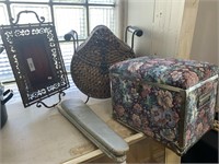 Upholstered Trunk, Ironing Board, Tray, Basket.