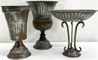 3 Large Vintage Tinned Copper Pedestal Vases