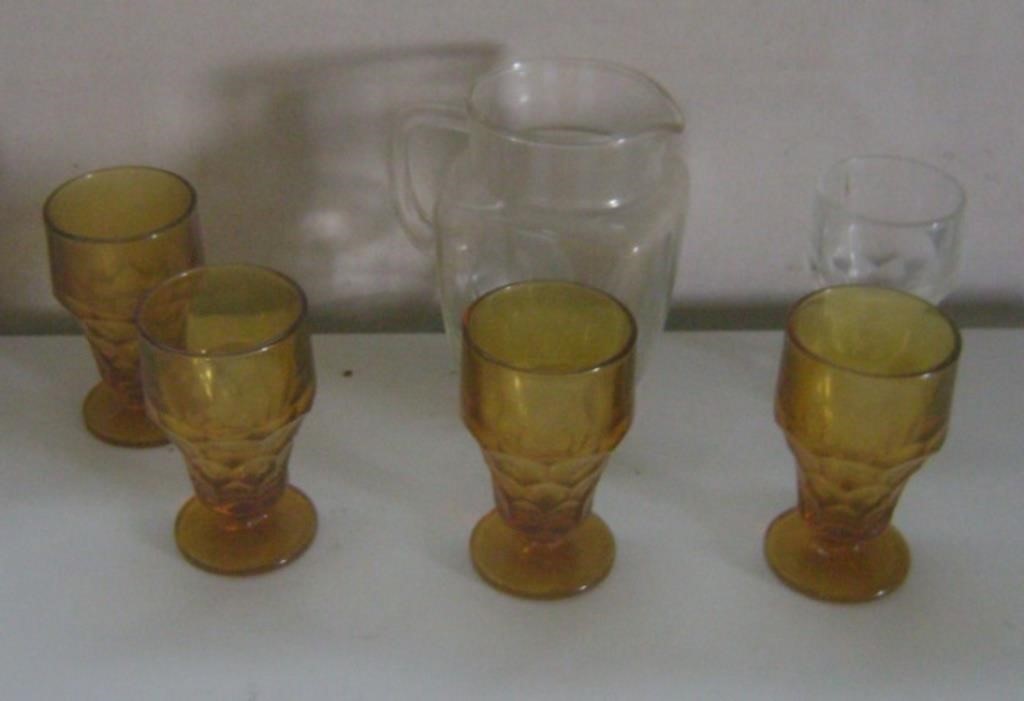 Amber Glasses and Clear Pitcher