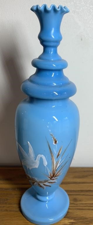 Blue Milk Glass Painted Vase Canister 14"