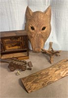 Hand Crafted Wooden Wolf Mask, Drawer & Cannon