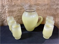 Yellow pitcher & 6 glasses