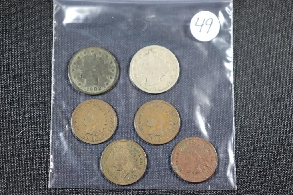 Bag Lot - US Coins - 2 Liberty 'V' Nickels & 4 Ind