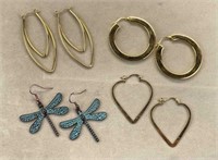 PIERCED EARRINGS 4 PAIR DRAGON FLY & HOOPS