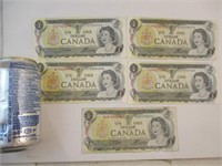 5 billets de 1$ du Canada 1973