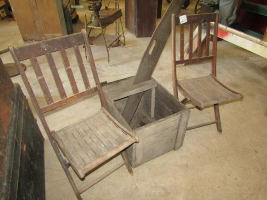 2 WOOD FOLDING CHAIRS, WOOD BOX