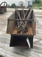 Metal bins, metal stakes, pulley