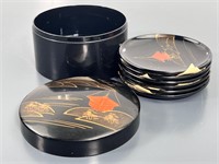 6 Japanese Lacquer Coasters w/ Lid - Vintage