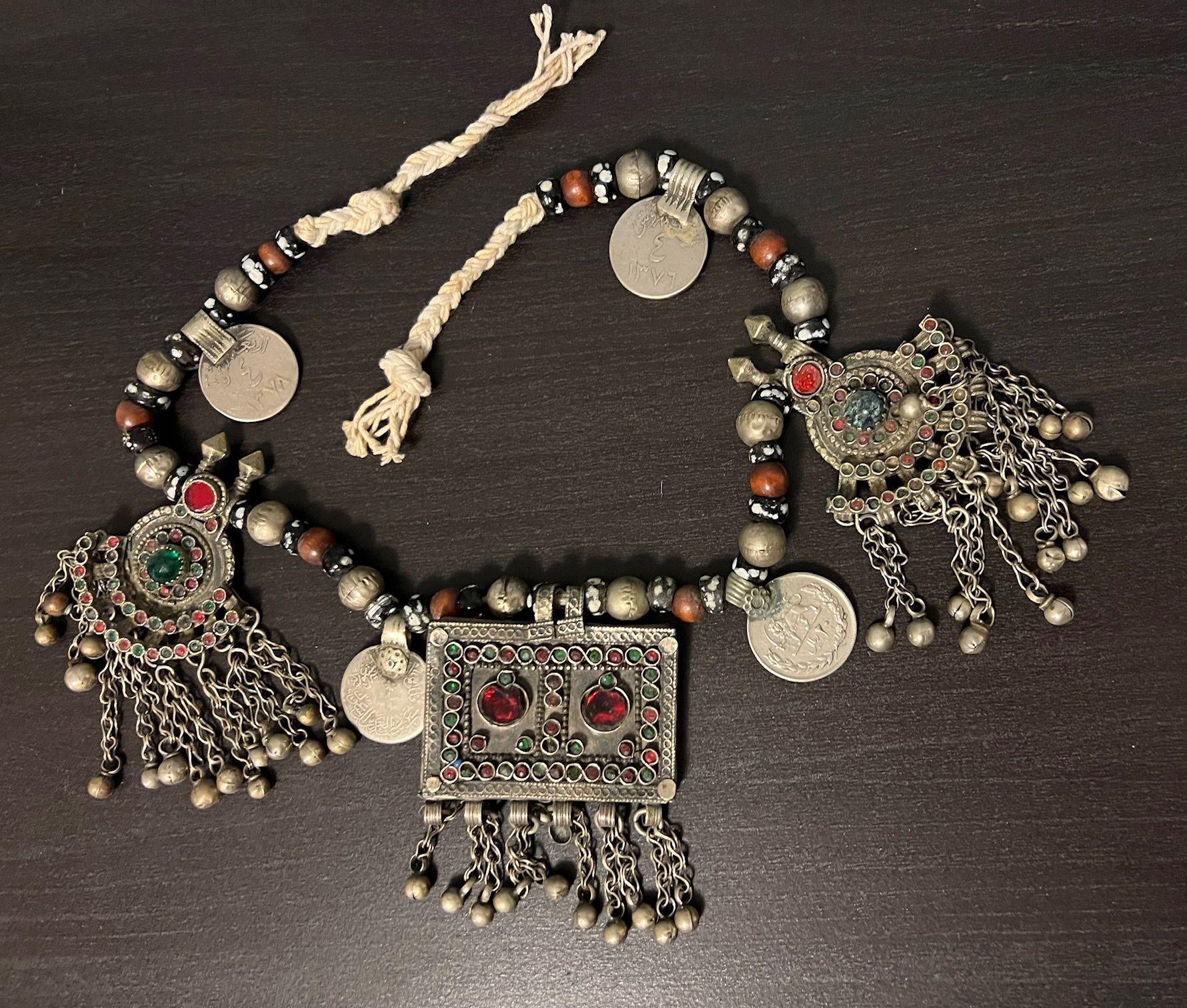 VINTAGE ARABIC GEM, COIN and BRASS Beaded Necklace