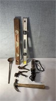 Vintage tools - levels, iron ladle, hammer