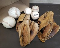 Pair of Vintage Baseball Mitts, 3 Baseballs & 2