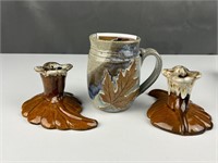 Van Briggle candlesticks Hannah pottery leaf mug