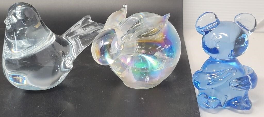 Clear Glass Paperweights Bird & Bunny Rabbit &