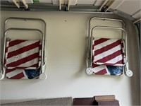 pair of red, white and blue lawn chairs.