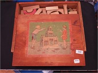 Vintage building block set in box with decal of