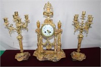 Vintage Brass & Marble Clock & Candleabras