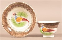 Brown Spatter China Peafowl Pattern Cup and Saucer