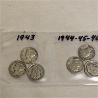 SILVER Mercury/Roosevelt Dime LOT x 6 1943-46