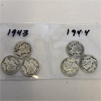 SILVER Mercury Dime LOT x 6 1943 & 1944