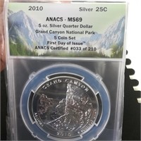 2010 ANACS MS69 First Day 5 0z Silver Grand Canyon