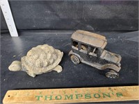 Cast iron car and 3 legged turtle