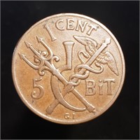 1905 Danish West Indies 1 Cent / 5 Bit - XF/AU