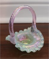 Fenton opalescent ruffle edge basket, pink handle