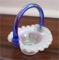 Fenton opalescent ruffle edge basket, blue handle