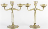Pair of Venetian Hand Painted Glass Candlesticks