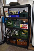 2 plastic 5 tier 6' shelves, miscellaneous supplie