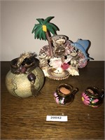 Lot Shell Figure Pot and Small Cups