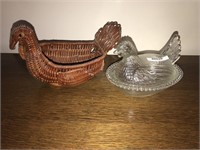 2 Chickens 1 Wicker and One Vintage Glass Clear