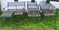 Collection of metal patio furniture: settee, 4 cha