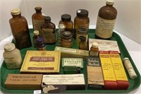 Tray lot of vintage medicine bottles and boxes,