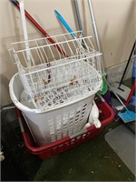 Large assortment laundry baskets, brooms and more