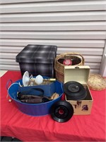 Yarn basket, old records, lamp, miscellaneous
