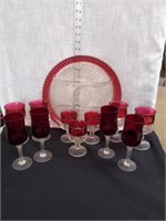 Vtg Ruby Red glassware divided platter goblets+