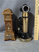 Antique clock, and telephone Ezra Brooks decanters