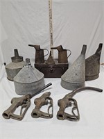 (4) Galvanized Funnels, (3) Brass Gas Pump