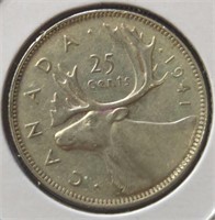 Silver 1941 Canadian quarter