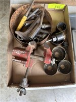 Box w/hole saws, vise and misc