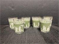 6 Hellenic green shot glasses, approx 2 1/4in tall