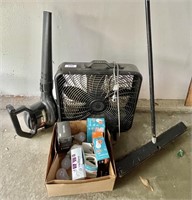 Box fan, Toro blower, light bulbs, broom