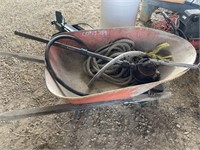 WHEEL BARROW, ROPE + HAND PUMP