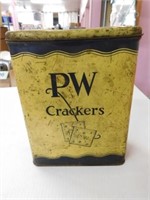 PW crackers tin, hinged lid, 9" tall