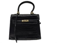 Black Croc Pattern Embossed Leather Top Handle Bag