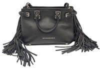Black Pebble Leather Tassle Adorned Satchel Bag
