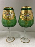 2 Vintage large emerald green hand painted czech