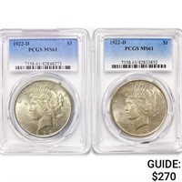 1922-D Set [2] Silver Peace Dollar PCGS MS61