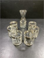 Silver Rim/Floral Accented Carafe & 6 Silver Rimme